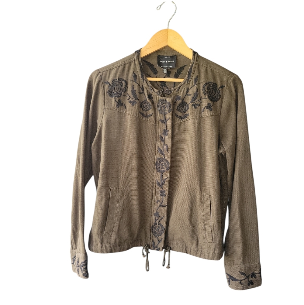 Lucky Brand Women Olive Green Utility Jacket Black Floral Embroidery Size Medium